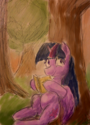 Size: 690x961 | Tagged: safe, artist:obsequiosity, twilight sparkle, alicorn, pony, g4, book, female, nature, reading, solo, tree, twilight sparkle (alicorn)