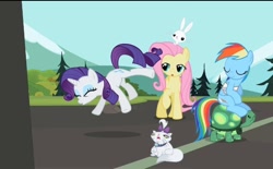 Size: 630x391 | Tagged: safe, angel bunny, fluttershy, opalescence, rainbow dash, rarity, tank, g4, may the best pet win