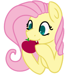 Size: 400x445 | Tagged: safe, artist:fluttershydaily, fluttershy, pegasus, pony, g4, apple, biting, cute, cute little fangs, eating, fangs, female, food, herbivore, mare, simple background, smiling, solo, transparent background