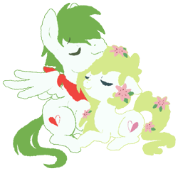 Size: 695x671 | Tagged: safe, artist:ne-chi, oc, oc:gracidea, pegasus, pony, shaymin, bandana, eyes closed, first meeting, mythical pokémon, open mouth, pegasus oc, pokémon, simple background, transparent background