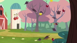 Size: 1280x720 | Tagged: safe, screencap, g4, the last roundup, cherry blossoms, cherry tree, leaves, no pony, silo, tree