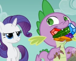 Size: 690x554 | Tagged: safe, screencap, rarity, spike, dragon, pony, unicorn, a dog and pony show, g4, season 1, cropped, cute, duo, duo male and female, female, gem, looking back, male, mud, rarity is not amused, spikabetes, unamused, wingless spike