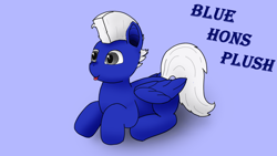 Size: 1920x1080 | Tagged: safe, artist:puginpocket, oc, oc only, pegasus, pony, :p, blue coat, eyes open, male, pegasus oc, pegasus wings, plushie, simple background, stallion, tail, text, tongue out, white mane, white tail, wings