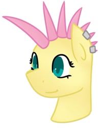 Size: 400x511 | Tagged: safe, artist:fluttershydaily, fluttershy, pegasus, pony, g4, alternate hairstyle, bust, ear piercing, mohawk, piercing, simple background, smiling, spikes, white background