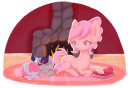 Size: 1097x755 | Tagged: safe, artist:ne-chi, oc, earth pony, pony, book, earth pony oc, eyes closed, female, filly, fireplace, foal, looking back, simple background, sleeping, transparent background