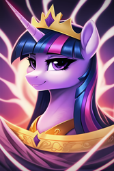 Size: 2048x3072 | Tagged: safe, ai assisted, ai content, editor:montaraz13, generator:novelai, generator:stable diffusion, prompter:montaraz13, twilight sparkle, alicorn, pony, unicorn, g4, abstract background, bust, crown, female, high res, jewelry, looking at you, portrait, queen twilight, regal, regalia, ruler, smiling, smiling at you, solo, twilight sparkle (alicorn)