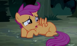 Size: 677x403 | Tagged: safe, screencap, scootaloo, pegasus, pony, appleoosa's most wanted, g4, rain, scared