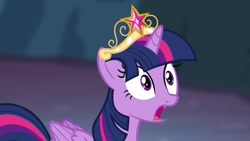 Size: 1280x720 | Tagged: safe, screencap, twilight sparkle, alicorn, pony, g4, princess twilight sparkle (episode), season 4, big crown thingy, crown, element of magic, jewelry, open mouth, regalia, shocked, shocked expression, solo, twilight sparkle (alicorn)