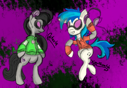 Size: 1378x952 | Tagged: safe, artist:phillnana, dj pon-3, octavia melody, vinyl scratch, earth pony, pony, unicorn, g4, clothes, female, headphones, mare, music, shirt