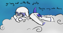Size: 748x396 | Tagged: safe, oc, oc only, oc:air liner, original species, plane pony, blue background, blue eyes, cloud, colored, crying, looking at you, lying down, lying on a cloud, on a cloud, plane, prone, simple background, solo, talking, talking to viewer, teary eyes
