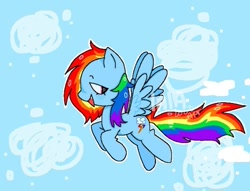 Size: 701x536 | Tagged: artist needed, safe, rainbow dash, pegasus, pony, g4, cloud, drawing, female, flying, open mouth, open smile, outline, profile, sky background, smiling, solo, spread wings, white outline, wings