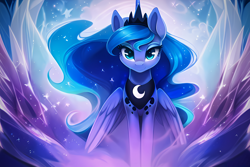Size: 3072x2048 | Tagged: safe, ai assisted, ai content, editor:montaraz13, generator:novelai, generator:stable diffusion, prompter:montaraz13, princess luna, alicorn, pony, g4, abstract background, crown, crystal, female, front view, high res, jewelry, looking at you, regalia, smiling, smiling at you, solo