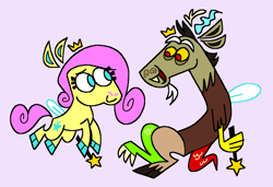 Size: 1316x900 | Tagged: safe, artist:msponies, discord, fluttershy, draconequus, fairy, pony, g4, alternate cutie mark, claws, cloven hooves, colored hooves, crown, duo, duo male and female, female, hoof hold, horns, jewelry, looking at each other, looking at someone, magic wand, male, ms paint, open mouth, open smile, regalia, simple background, smiling, spread wings, style emulation, tail, the fairly oddparents, wings, yellow sclera