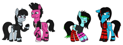Size: 3382x1259 | Tagged: safe, artist:dyonys, oc, oc only, oc:emo lad, oc:goth lass, oc:punk dude, oc:scene chick, earth pony, pony, brother and sister, clothes, colored hooves, dyed mane, dyed tail, ear piercing, earring, emo, eyes closed, family, female, goth, group, husband and wife, jacket, jewelry, lip piercing, male, mare, nose piercing, open mouth, piercing, punk, raised hoof, scene, siblings, simple background, socks, stallion, standing, striped socks, tail, white background