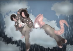 Size: 719x499 | Tagged: safe, artist:depressed_bean_17, oc, oc only, hybrid, opossum, pony, cloud, on a cloud, rain, solo