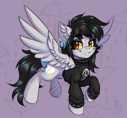 Size: 1244x1165 | Tagged: safe, artist:falafeljake, oc, oc only, oc:lightning dee, pegasus, pony, bow, bring me the horizon, choker, clothes, colored sclera, commission, ear fluff, female, hoodie, mare, raised hoof, solo, spiked choker, spiked wristband, spread wings, tail, tail bow, wings, wristband