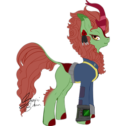 Size: 2502x2502 | Tagged: safe, artist:senpai-satan, oc, oc only, oc:spring glow, kirin, fallout equestria, commission, female, high res, kirin oc, mare, pipbuck, signature, simple background, solo, transparent background