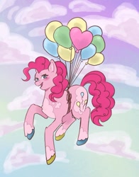 Size: 701x893 | Tagged: safe, artist:goblin, pinkie pie, earth pony, pony, g4, balloon, coat markings, dappled, female, floating, mare, solo, then watch her balloons lift her up to the sky