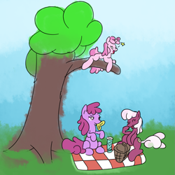 Size: 1161x1163 | Tagged: safe, artist:phillnana, berry punch, berryshine, cheerilee, piña colada, earth pony, pony, g4, basket, chips, female, food, mare, picnic, picnic basket, picnic blanket, tree, tree branch