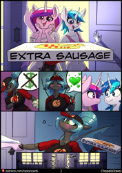 Size: 848x1200 | Tagged: safe, artist:chrysalisdraws, princess cadance, queen chrysalis, shining armor, alicorn, unicorn, anthro, comic:pizza delivery, g4, ..., belly button, blushing, breasts, busty queen chrysalis, clothes, comic, door, door slam, drake, eye clipping through hair, eyebrows, eyebrows visible through hair, female, fingerless gloves, food, gleaming shield, gloves, hat, hotline bling, implied sex, lesbian, meme, money, pictogram, pizza, pizza box, pizza delivery, polyamory, ponytail, rule 63, ship:chrysarmordance, shipping, smiling, speech bubble