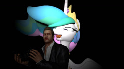 Size: 1192x670 | Tagged: safe, princess celestia, alicorn, human, pony, g4, 3d, black background, camera, crossover, dead rising, duo, duo male and female, female, frank west, gmod, male, simple background