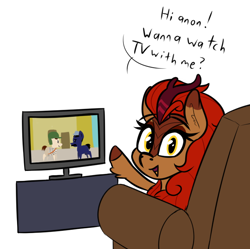 Size: 674x670 | Tagged: safe, artist:seafooddinner, oc, oc:chipotle spice, kirin, couch, el chavo del 8, implied anon, looking at you, raised hoof, simple background, solo, television, waving, waving at you