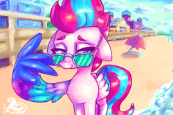Size: 3600x2400 | Tagged: safe, artist:mannybcadavera, zipp storm, pegasus, pony, g5, beach, colored wings, female, floppy ears, glasses, high res, lidded eyes, looking at you, mare, multicolored wings, ocean, one wing out, signature, smiling, smiling at you, solo, sunglasses, water, wing hands, wings