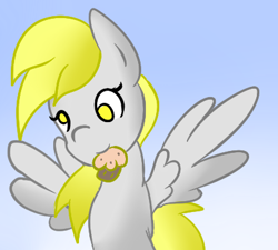 Size: 405x364 | Tagged: safe, artist:phillnana, derpy hooves, pegasus, pony, g4, female, food, mare, mouth hold, muffin, solo, spread wings, wings