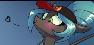 [anthro,blushing,cap,changeling,changeling queen,cropped,edit,hat,heart,queen chrysalis,safe,solo,smiling,artist:chrysalisdraws]