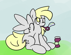 Size: 1058x830 | Tagged: safe, artist:phillnana, derpy hooves, pegasus, pony, g4, blowing bubbles, bubble, female, grass, mare, solo