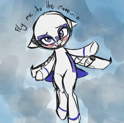 Size: 558x554 | Tagged: artist needed, safe, oc, oc only, oc:air liner, original species, plane pony, blue background, blue eyes, blushing, boeing 777, embarrassed, female, floppy ears, fly me to the moon, flying, hug request, looking at you, open mouth, plane, shy, shy smile, simple background, smiling, solo, song reference, spread hooves, talking to viewer, underhoof