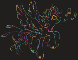 Size: 1280x985 | Tagged: safe, artist:peaceandlove26, rainbow dash, pegasus, pony, g4, black background, eyestrain warning, music notes, simple background, solo