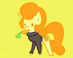 Size: 526x423 | Tagged: safe, artist:phillnana, carrot top, golden harvest, pony, g4, carrot, chibi, clothes, female, food, mare, mouth hold, shirt, simple background, solo