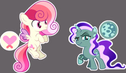 Size: 1170x683 | Tagged: safe, artist:saliornyan, oc, oc only, oc:moon speckle, oc:spring blossom, pegasus, pony, unicorn, base used, brother and sister, colt, duo, female, filly, foal, gray background, half-siblings, horn, looking at you, male, offspring, outline, parent:big macintosh, parent:fluttershy, parent:princess luna, parents:fluttermac, parents:lunamac, pegasus oc, siblings, simple background, smiling, smiling at you, unicorn oc, white outline