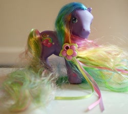 Size: 619x555 | Tagged: safe, photographer:lilcricketnoise, rainbowberry, pony, g3, irl, long mane, long tail, photo, solo, super long hair pony, tail, toy