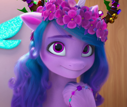 Size: 1281x1080 | Tagged: safe, screencap, izzy moonbow, pony, unicorn, g5, my little pony: make your mark, my little pony: make your mark chapter 3, winter wishday, spoiler:g5, spoiler:winter wishday, bracelet, bust, cropped, cute, female, floppy ears, floral head wreath, flower, friendship bracelet, indoors, izzybetes, jewelry, looking at you, mare, marestream, pointing at self, smiling, smiling at you, solo, unshorn fetlocks