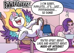 Size: 1052x759 | Tagged: safe, idw, official comic, pipp petals, zipp storm, pegasus, pony, g5, spoiler:comic, spoiler:g5comic, spoiler:g5comic11, comic, female, laughing, mare, pipp petals is not amused, royal sisters (g5), siblings, sisters, unamused