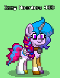 Size: 660x852 | Tagged: safe, izzy moonbow, pony, unicorn, pony town, g5, my little pony: tell your tale, nightmare night party, spoiler:g5, spoiler:my little pony: tell your tale, spoiler:tyts01e30, amalgamation, amalgamizzy, badge, clothes, costume, fake wings, green background, implied hitch trailblazer, implied pipp petals, implied sunny starscout, implied zipp storm, multi-parts, nightmare night, nightmare night costume, simple background, solo