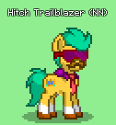 Size: 756x816 | Tagged: safe, hitch trailblazer, earth pony, pony, pony town, g5, my little pony: tell your tale, nightmare night party, spoiler:g5, spoiler:my little pony: tell your tale, spoiler:tyts01e30, clothes, costume, facial hair, glasses, green background, male, moustache, necktie, nightmare night, nightmare night costume, simple background, solo, stallion