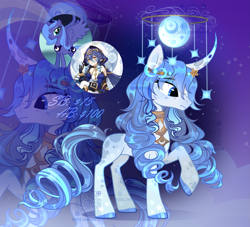 Size: 2803x2543 | Tagged: safe, artist:daria_chaykovskya, princess luna, alicorn, human, pony, unicorn, g4, clothes, curved horn, elf ears, female, genshin impact, high res, horn, layla (genshin impact), mare, ponified, qr code, raised hoof, stars