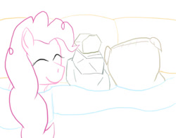 Size: 650x512 | Tagged: safe, artist:jimthecactus, madame leflour, pinkie pie, rocky, earth pony, pony, g4, bed, blanket, cargo ship, eyes closed, female, flour, in bed, mare, overhead view, rock, shipping, simple background, sketch, smiling, white background