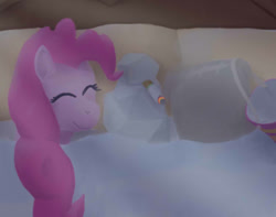 Size: 650x512 | Tagged: safe, artist:jimthecactus, madame leflour, pinkie pie, rocky, earth pony, pony, g4, bed, blanket, cargo ship, cigarette, eyes closed, female, flour, in bed, mare, overhead view, rock, shipping, smiling