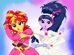 Size: 1024x768 | Tagged: safe, artist:danieruhuli, sunset shimmer, twilight sparkle, human, equestria girls, g4, :o, alternate hairstyle, clothes, cosplay, costume, gloves, long gloves, open mouth, pretty cure, transformation