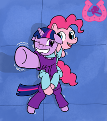 Size: 823x926 | Tagged: safe, artist:author92, pinkie pie, twilight sparkle, pony, g4, chokehold, clothed ponies, clothes, floppy ears, gi, leg lock, martial arts, one eye closed, rear naked choke, smiling