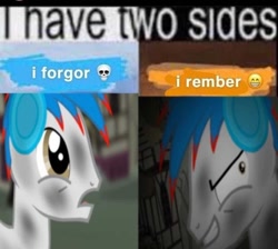 Size: 750x673 | Tagged: safe, oc, oc only, oc:the living tombstone, earth pony, pony, caption, headphones, i have two sides, image macro, male, meme, september, stallion, text