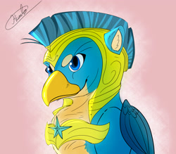 Size: 3210x2810 | Tagged: safe, artist:kiumba, gallus, griffon, g4, the last problem, armor, beak, feather, folded wings, high res, male, royal guard, royal guard armor, royal guard gallus, signature, smiling, smirk, solo, wings