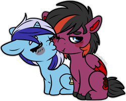 Size: 1358x1084 | Tagged: safe, artist:sexygoatgod, minuette, oc, oc:guilty luck, hybrid, pegasus, pony, unicorn, g4, blushing, canon x oc, cheek kiss, chibi, duo, female, kissing, male