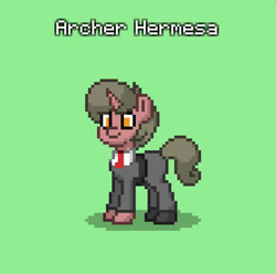 Size: 836x829 | Tagged: safe, oc, oc only, oc:archer hermesa, pony, unicorn, actor, clothes, crystal curtain: world aflame, green background, horn, necktie, simple background, solo, unicorn oc