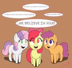 Size: 4096x3846 | Tagged: safe, artist:realgero, apple bloom, scootaloo, sweetie belle, earth pony, pegasus, pony, unicorn, g4, blank flank, cutie mark crusaders, female, filly, foal, horn, open mouth, signature, simple background, speech bubble, talking, talking to viewer, wingless