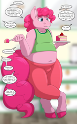 Size: 2500x4000 | Tagged: safe, artist:runningtoaster, pinkie pie, earth pony, anthro, unguligrade anthro, g4, belly, belly button, bhm, bubble berry, cake, chubby, clothes, colored, colored lineart, fat, female to male, followup, food, hooves, human to anthro, male, rule 63, solo, tail, transformation, transformed, transgender transformation, weight gain